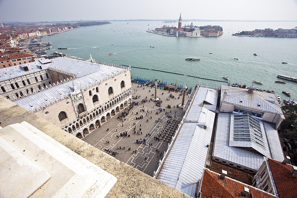 St. Marks Square looking over the Lido di Venezia to Isola di San Giorgio Maggiore, from Campanile, Venice, UNESCO World Heritage Site, Veneto, Italy, Europe