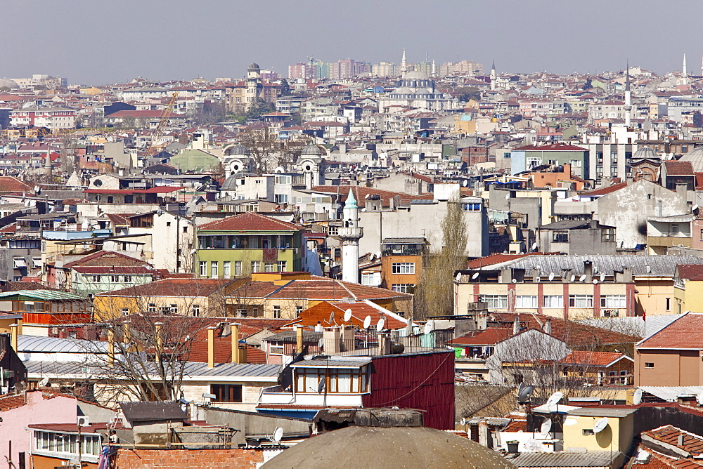 Cityscape of houses and mosques, looking north from harbour, Istanbul, Turkey, Europe