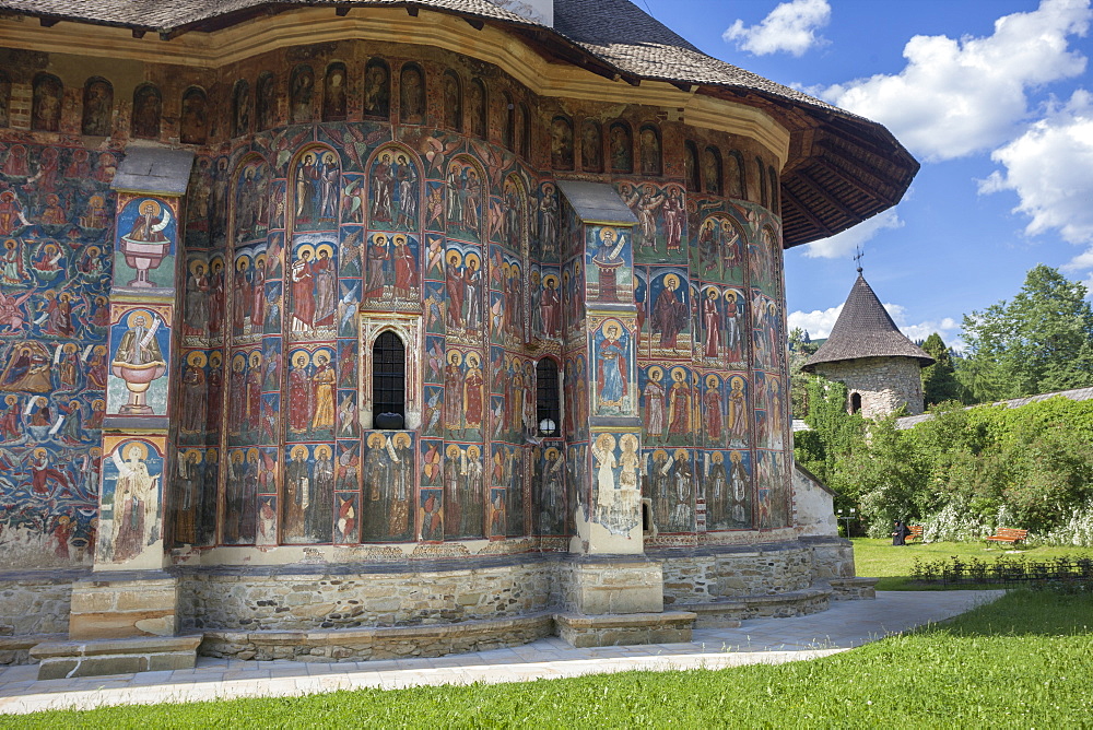 Saxon painted Church, Moldovitsa Monastery, founded 1532, Christian Orthodox, UNESCO World Heritage Site, Moldovitsa, Bukovina, Romania, Europe