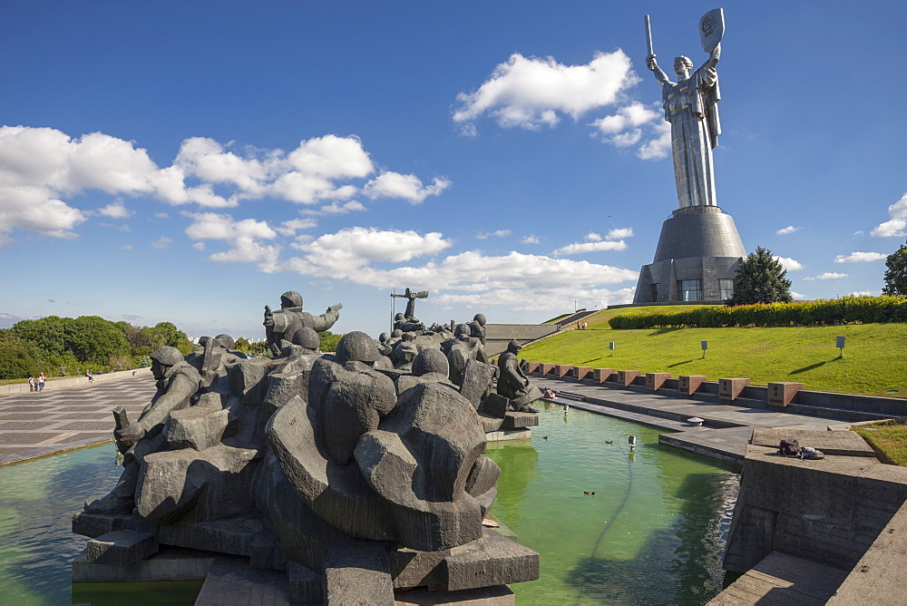 Soviet monument to the Crossing of the Dnieper and The Motherland Monument at Museum of The History of Ukraine in World War II, Kiev, Ukraine, Europe