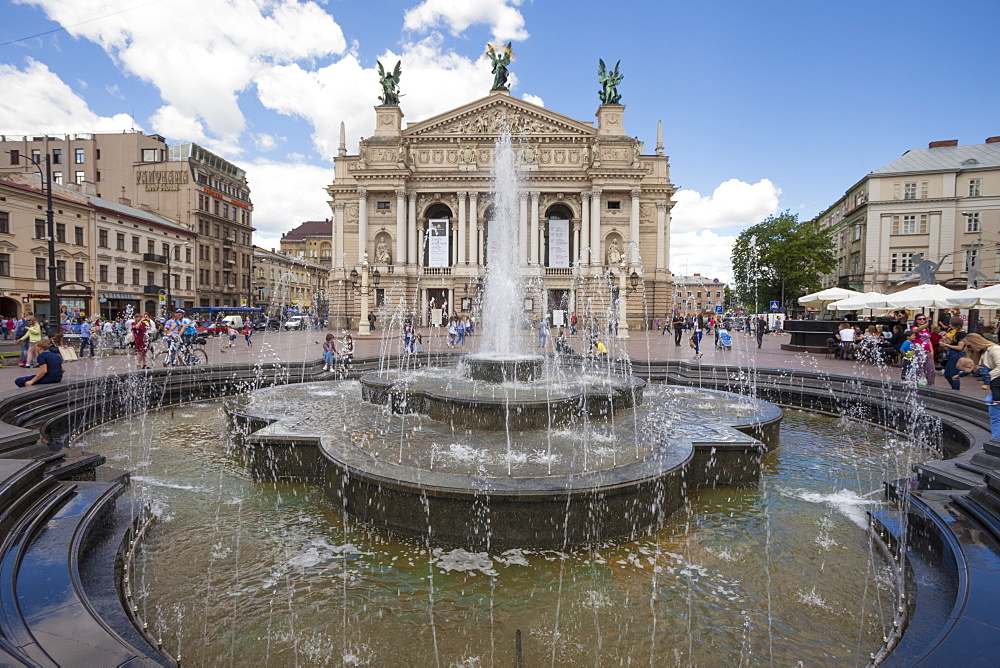 Fountain outside Old Town Opera House Svobody 28, Kiev, Ukraine, Europe