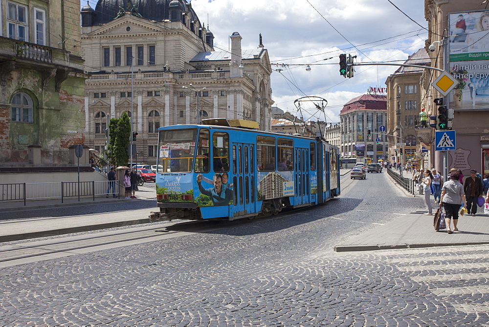 A tram car in the old historic part of city, UNESCO World Heritage Site, Lviv, Ukraine, Europe