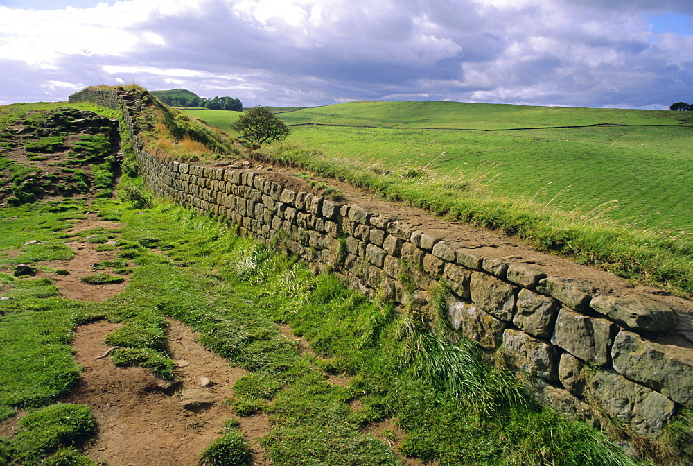 Hadrian's Wall dating from Roman times, looking towards Crag Lough, Northumbria (Northumberland), England, UK, Europe