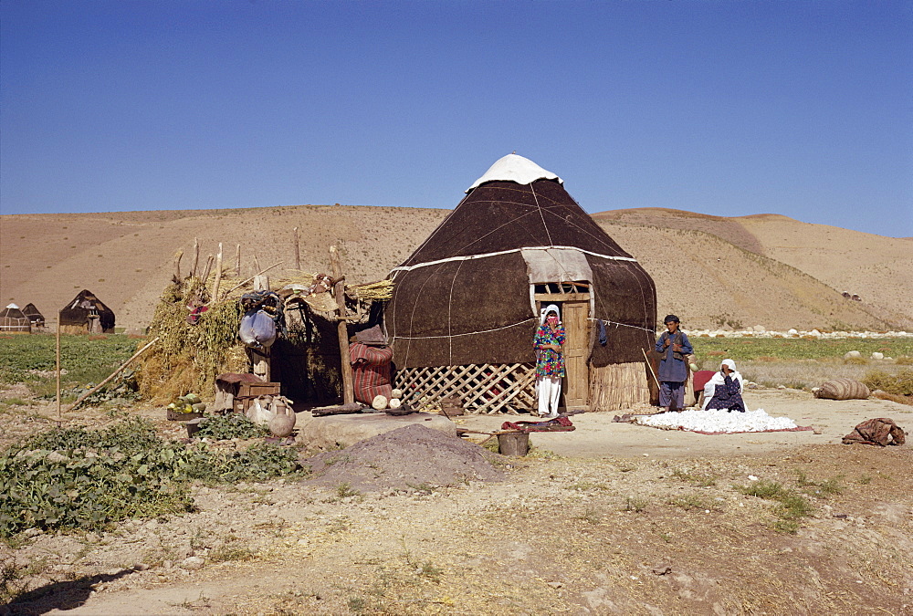 Uzbeki tribespeople outside yurt, near Maymana, Afghanistan, Asia