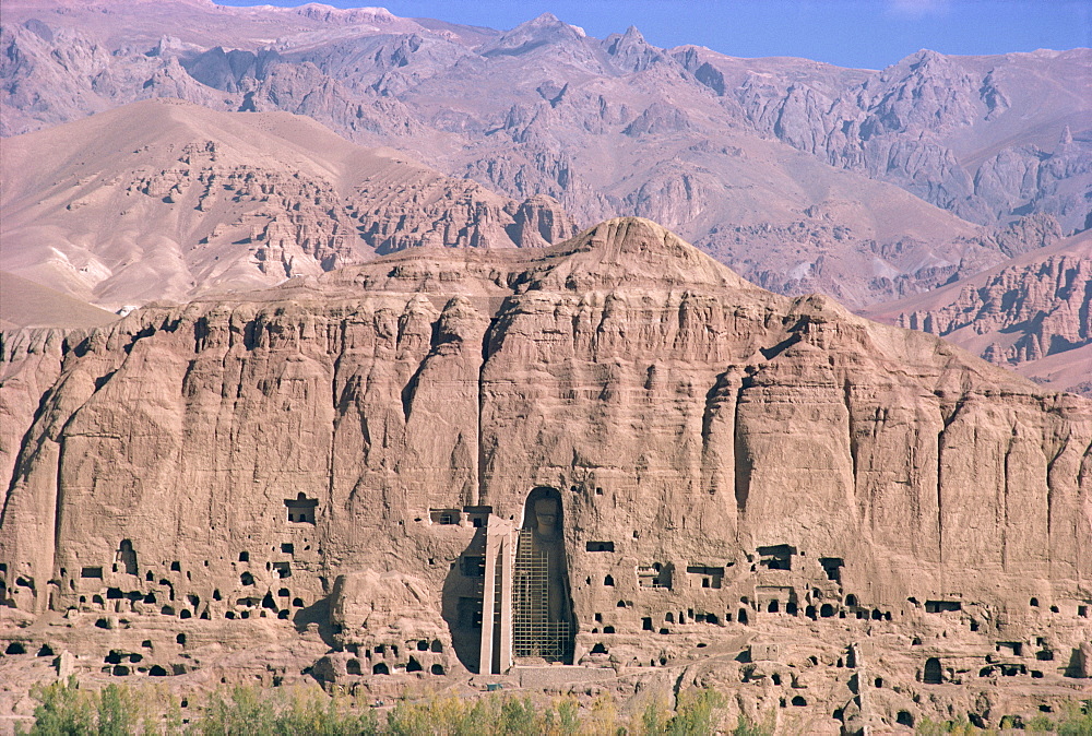 The caves and 150ft tall statue of the Buddha at Bamiyan, since destroyed by the Taliban, UNESCO World Heritage Site, Afghanistan, Asia