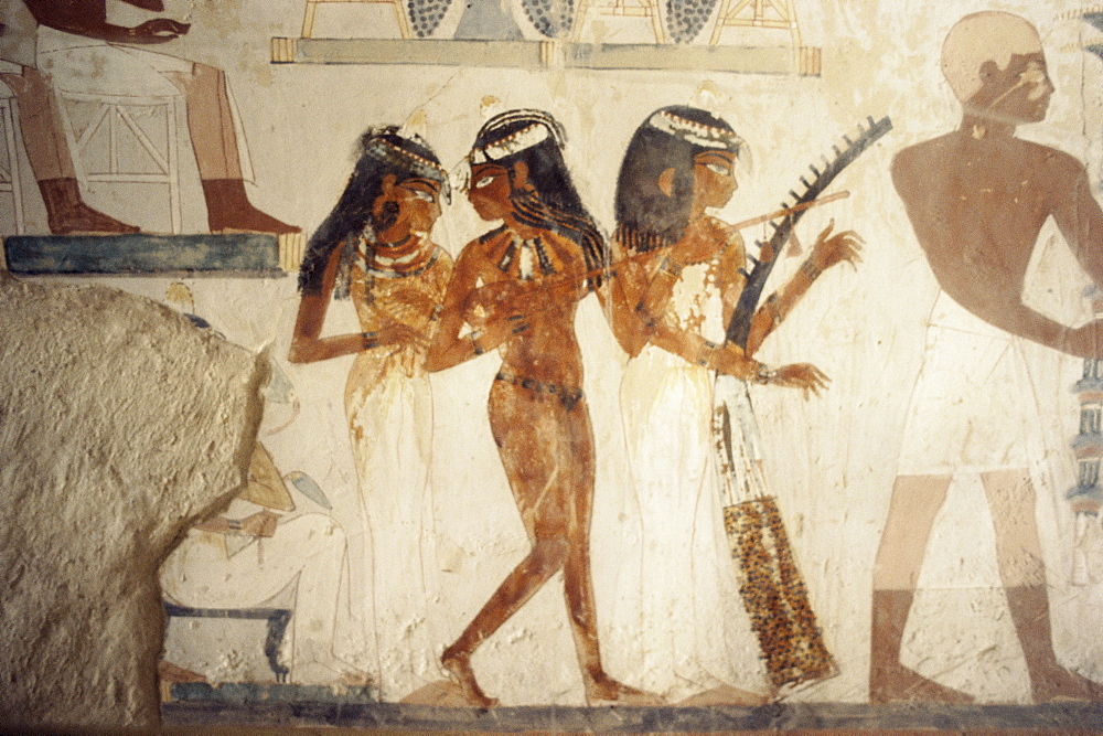 Wall paintings of female musicians in the tomb of Nakht, Minister of Agriculture in the reign of Tutmosis IV, Valley of the Nobles, Thebes, UNESCO World Heritage Site, Egypt, North Africa, Africa