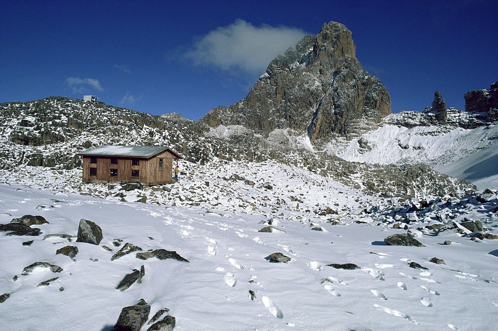 Austrian hut on south east face, Mount Kenya, UNESCO World Heritage Site, Kenya, East Africa, Africa