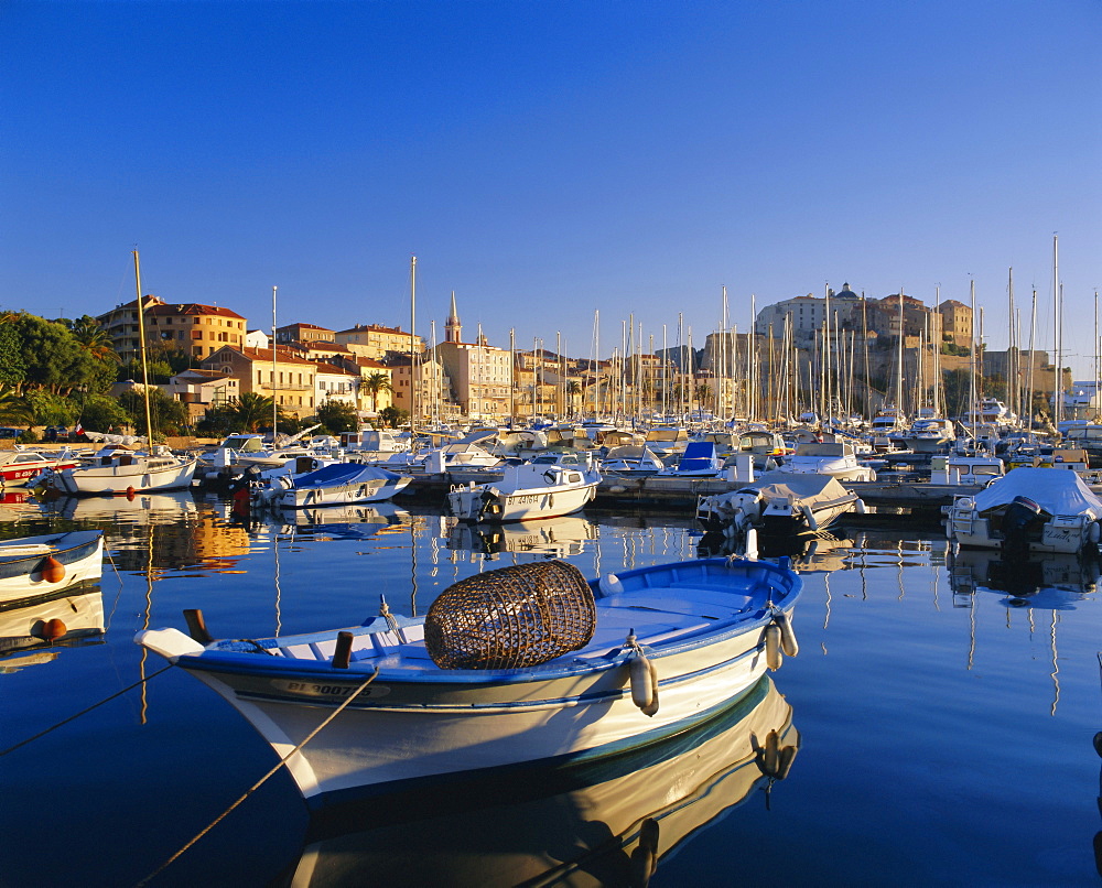 View across harbour to town and citadel, Calvi, Corsica, France, Europe