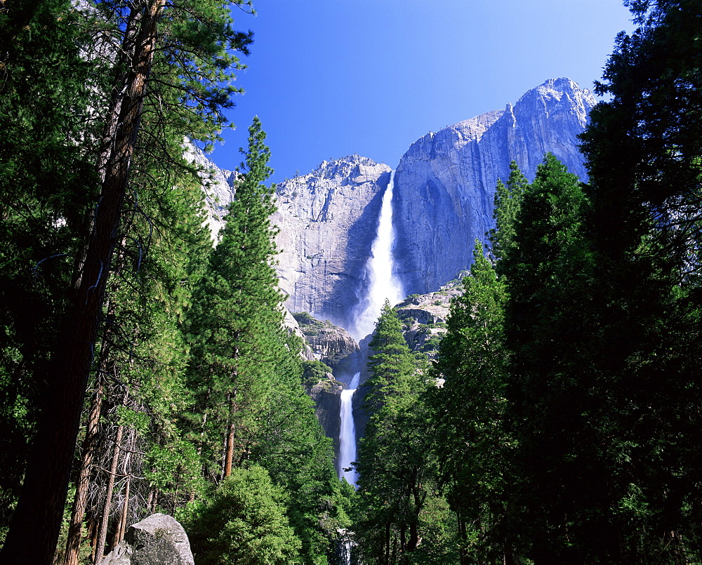 Upper and Lower Yosemite Falls, swollen by summer snowmelt, Yosemite National Park, UNESCO World Heritage Site, California, United States of America