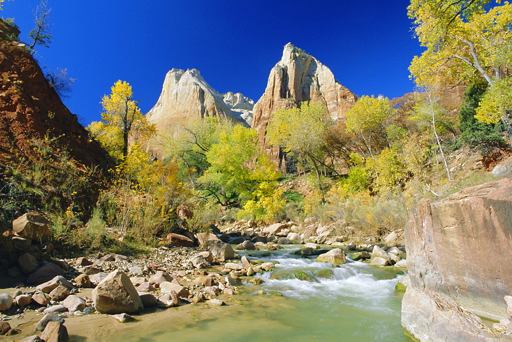 Peaks of Abraham and Isaac tower above the Virgin River, Court of the Patriarchs, Zion National Park, Utah, USA