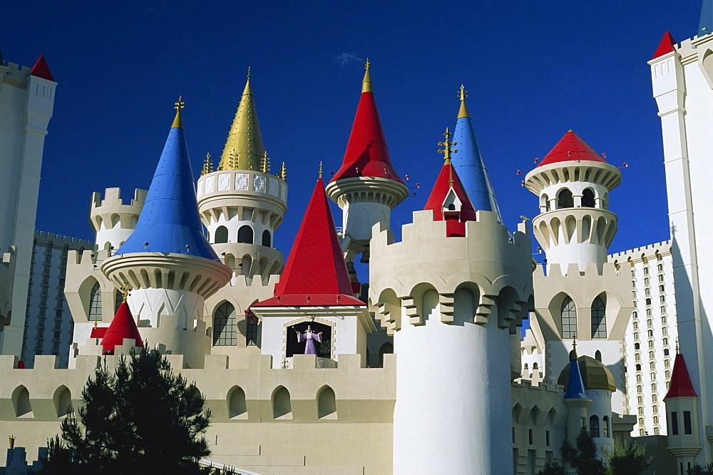 Brightly coloured turrets of the Excalibur Hotel and Casino in Las Vegas, Nevada, United States of America, North America