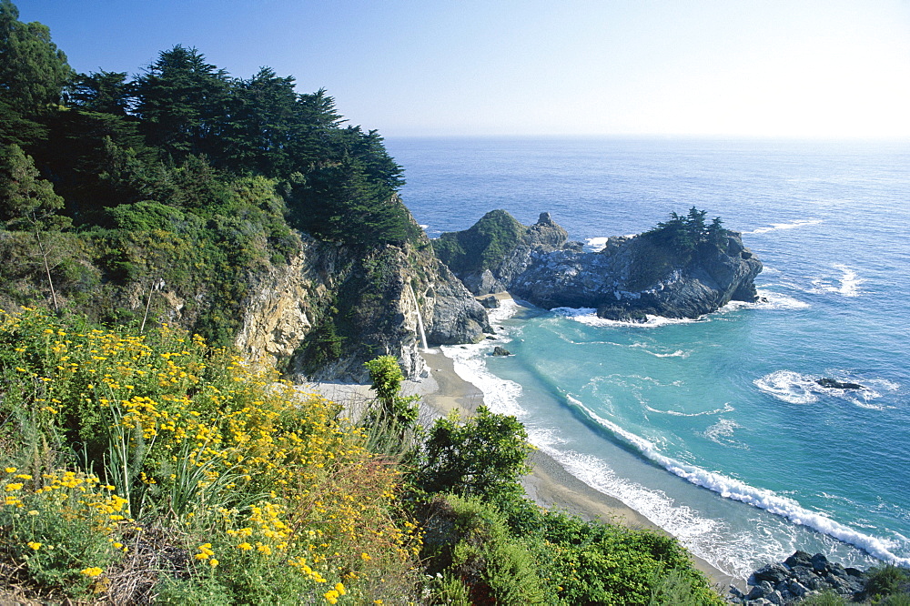 Spectacular coastline with waterfall, Julia Pfeiffer Burns State Park, Big Sur, California, United States of America (U.S.A.), North America