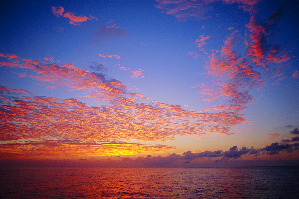 Pink and orange clouds at sunrise over the English Channel, England, UK