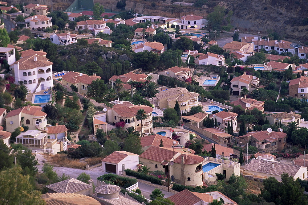 Elevated view of villa development on hillside, Calpe, Alicante area, Valencia, Spain, Europe