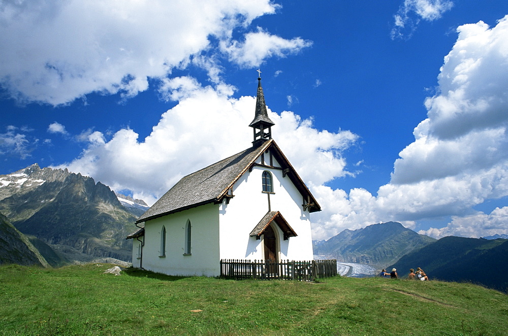 Mountain church overlooking the Aletsch Glacier, Belalp, Brig, Valais, Switzerland, Europe