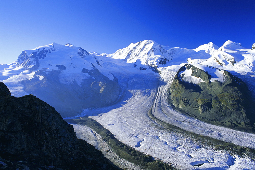 View to Monte Rosa, Liskamm and the Gorner Glacier, Gomergrat, Zermatt, Valais (Wallis), Swiss Alps, Switzerland, Europe