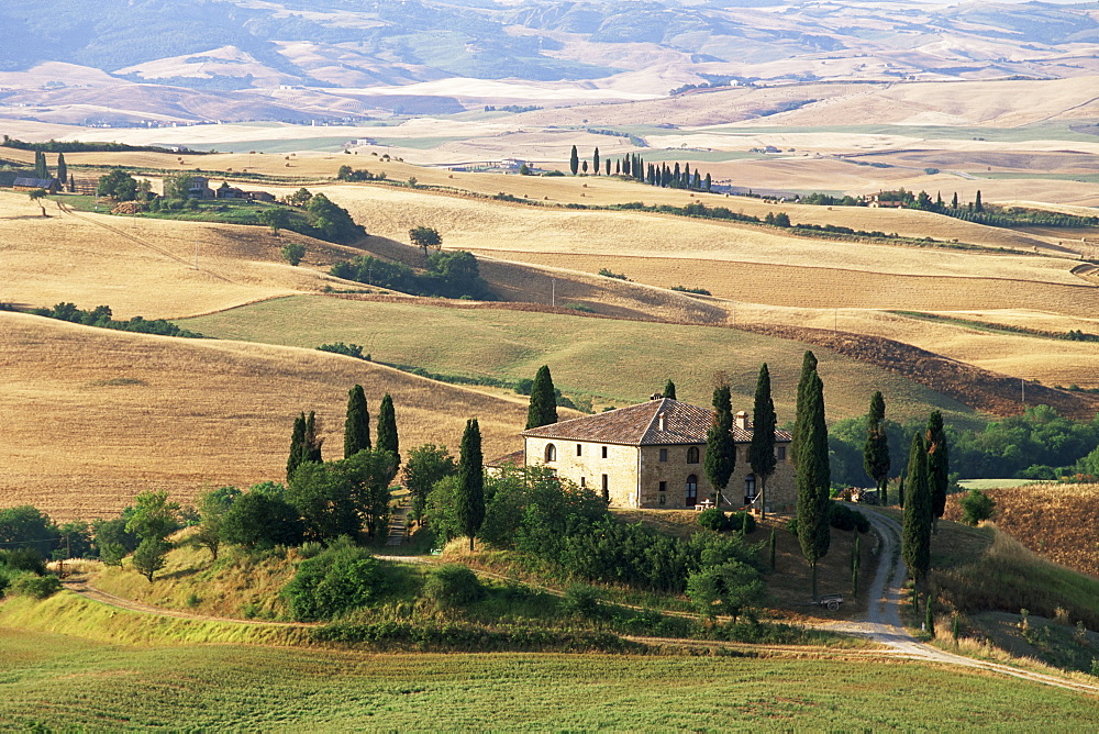 Farmhouse and cypress trees in the early morning, San Quirico d'Orcia, Tuscany, Italy, Europe