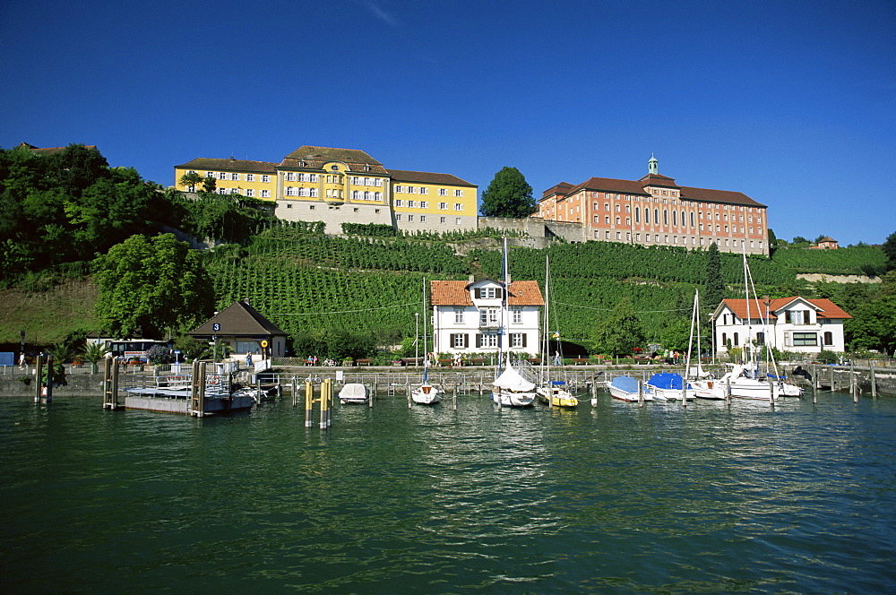 Richly decorated buildings above the harbour on Lake Constance, Meersburg, Baden-Wurttemberg, Germany, Europe