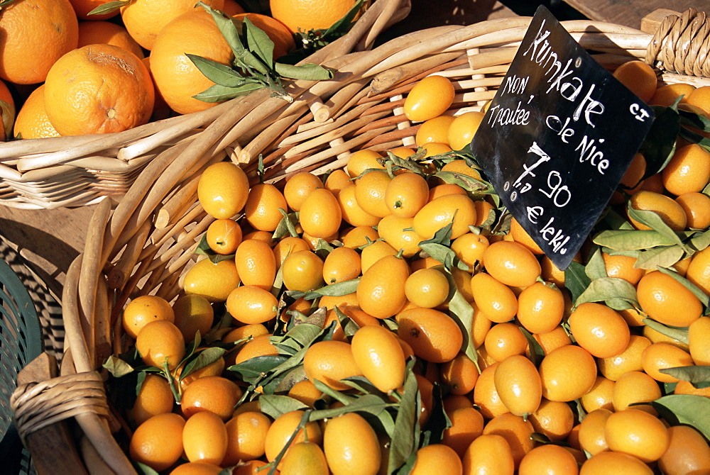 Kumquats for sale on the market in Cours Saleya, Nice, Alpes Maritimes, Provence, French Riviera, France, Europe