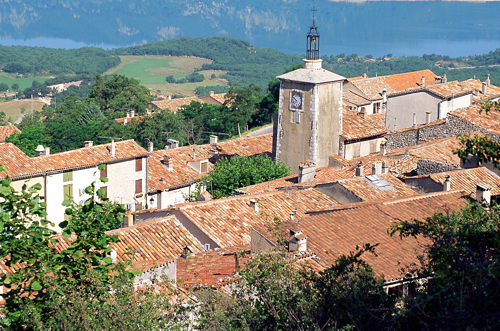 View over village to Ste. Croix Lake, Aiguines, Var, Cote d'Azur, Provence, France, Europe