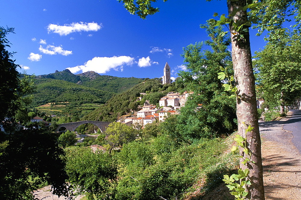 View to village on hillside above the Jaur river, Olargues, Herault, Languedoc-Roussillon, France, Europe