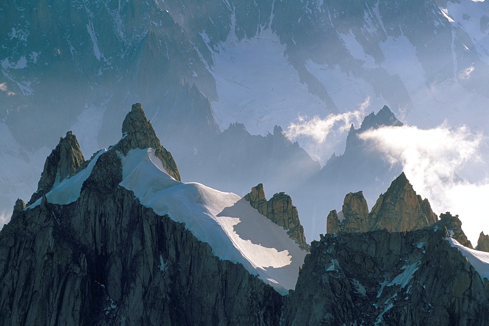 View to Aiguilles de Chamonix, Aiguille du Midi, Chamonix, Haute-Savoie, Rhone-Alpes, France, Europe