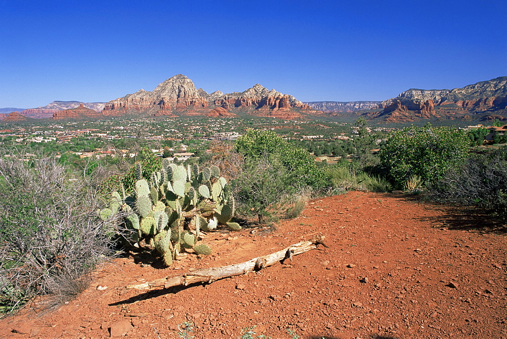 View over West Sedona from the slopes of Table Top Mountain, with Capitol Butte prominent, Sedona, Arizona, United States of America (U.S.A.), North America