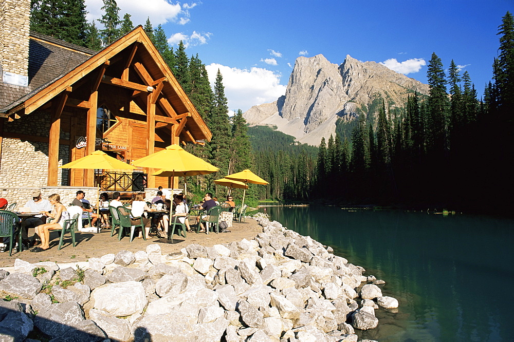 Restaurant overlooking Emerald Lake, with Mount Burgess beyond, in evening light, Yoho National Park, UNESCO World Heritage Site, British Columbia (B.C.), Canada, North America