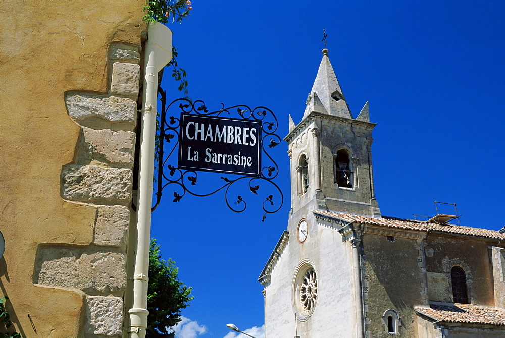 Church tower and sign, Villes-sur-Auzon, Vaucluse, Cote d'Azur, Provence, France, Europe