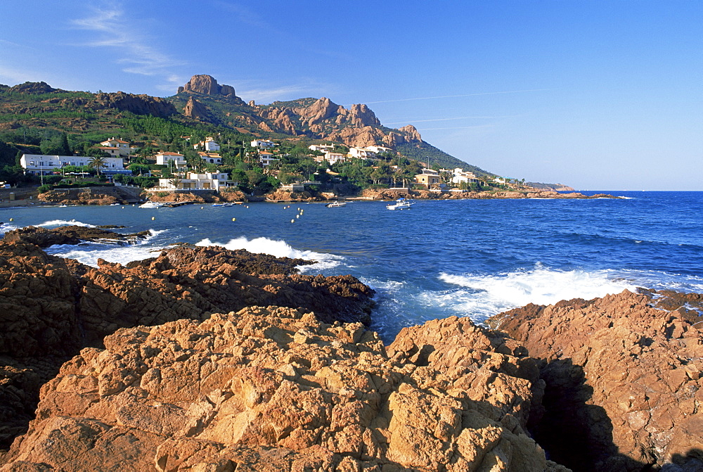 View across bay to the village of Antheor, and Pic du Cap Roux, Corniche de l'Esterel, Var, Cote d'Azur, French Riviera, Provence, France, Mediterranean, Europe