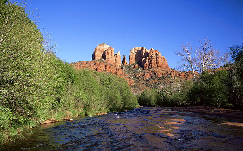 Cathedral Rock towering above Oak Creek, in evening light, Sedona, Arizona, United States of America (U.S.A.), North America