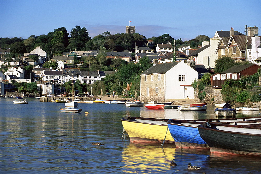 View across water from Noss Mayo to the village of Newton Ferrers, near Plymouth, Devon, England, United Kingdom, Europe