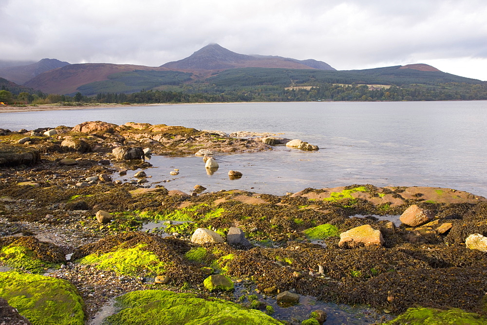 View across Brodick Bay to Goatfell, Brodick, Isle of Arran, North Ayrshire, Scotland, United Kingdom, Europe