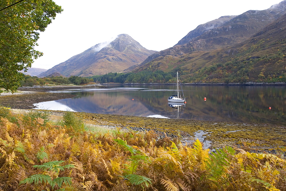 View across the tranquil waters of Loch Leve in autumn, near Fort William, Highland, Scotland, United Kingdom, Europe