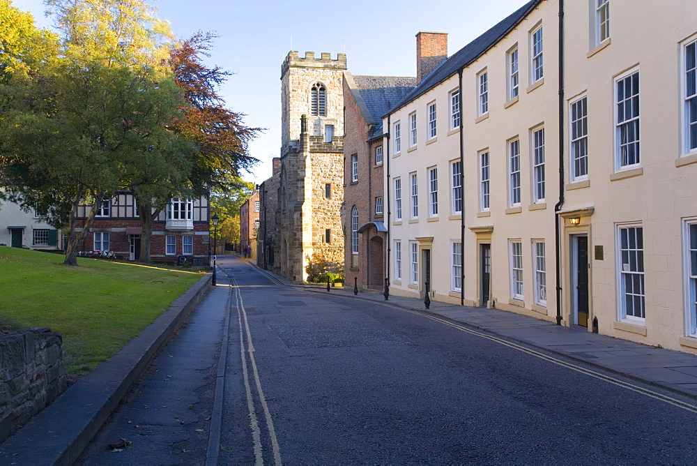 View northwards along North Bailey below the cathedral, St. Chad's College prominent, Durham, County Durham, England, United Kingdom, Europe