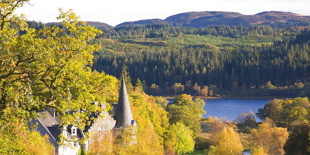 Autumn view to Loch Achray from wooded hillside above the former Trossachs Hotel, near Aberfoyle, Loch Lomond and the Trossachs National Park, Stirling, Scotland, United Kingdom, Europe