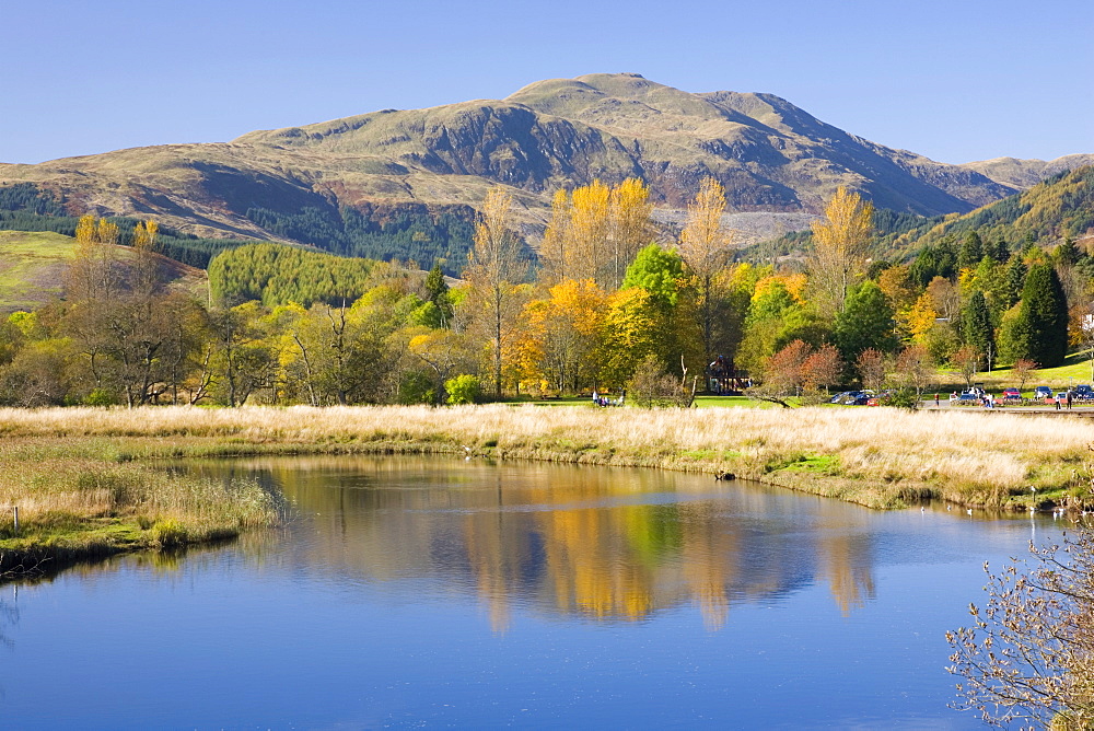 Autumn view from bridge over the River Teith to Ben Ledi, Callander, Loch Lomond and the Trossachs National Park, Stirling, Scotland, United Kingdom, Europe