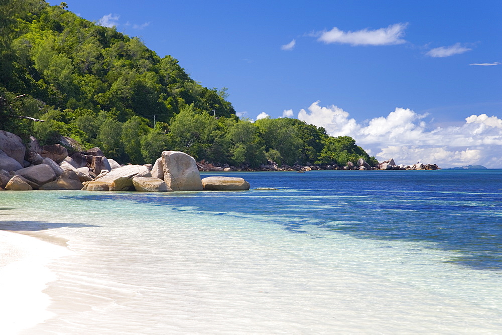 View to Pointe Cocos from the beach at Anse Bois de Rose, Grand Anse Praslin district, Island of Praslin, Seychelles, Indian Ocean, Africa