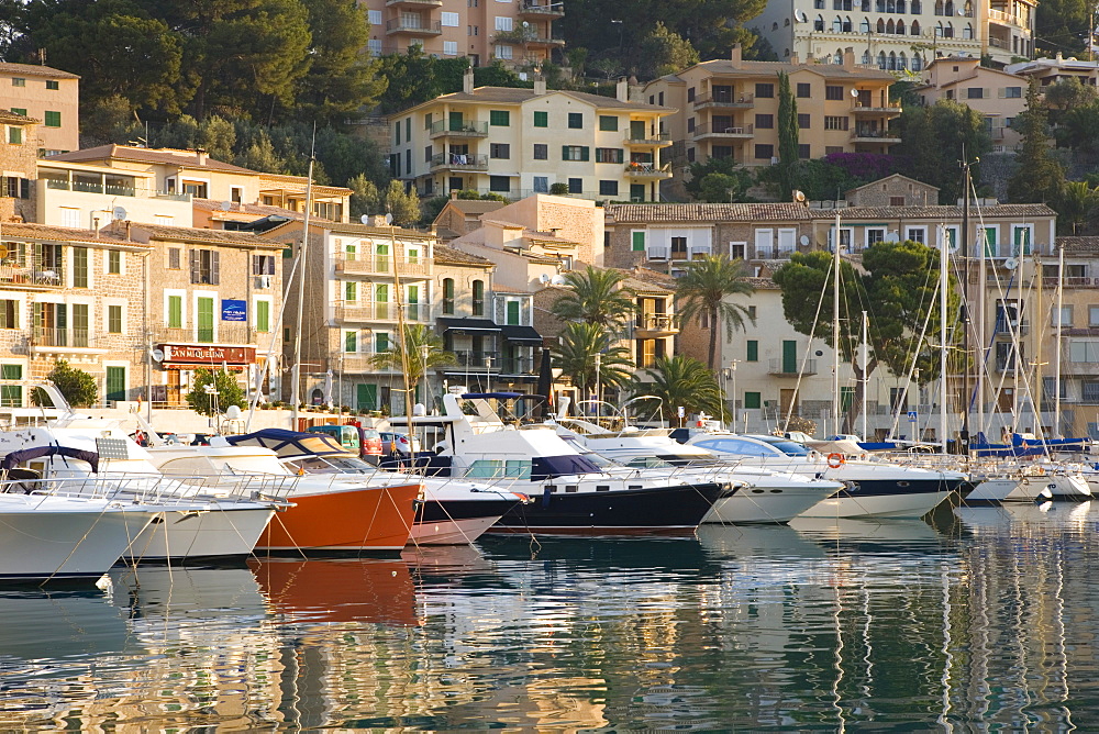 View across the harbour at sunrise Port de Soller, Mallorca, Balearic Islands, Spain, Mediterranean, Europe