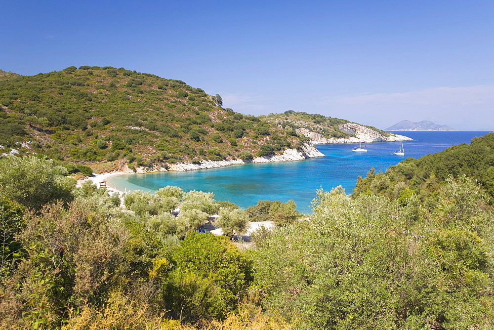 View from hillside over Filiatro Bay, near Vathy (Vathi), Ithaca (Ithaki), Ionian Islands, Greek Islands, Greece, Europe