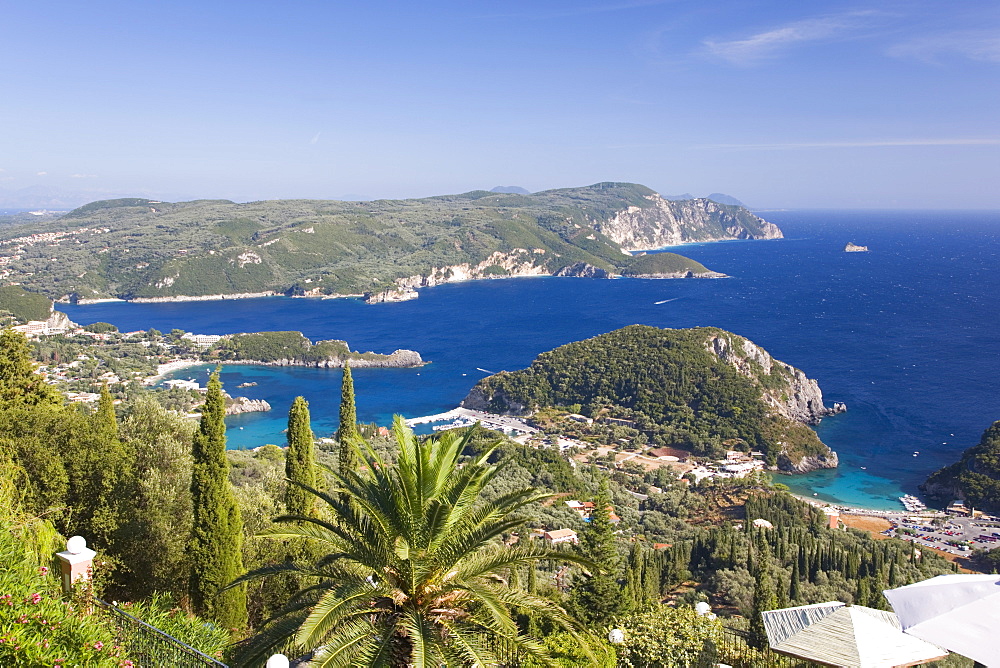 View over Liapades Bay from hilltop viewpoint near Lakones, Paleokastritsa, Corfu, Ionian Islands, Greek Islands, Greece, Europe