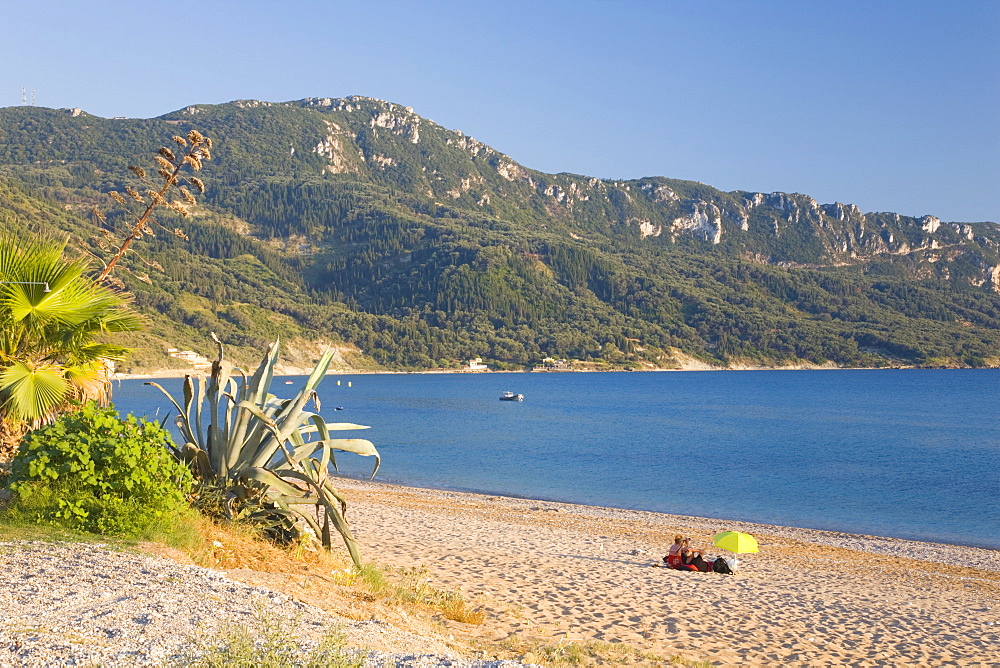 View across the bay to wooded hillside, early evening, Agios Georgios, Corfu, Ionian Islands, Greek Islands, Greece, Europe