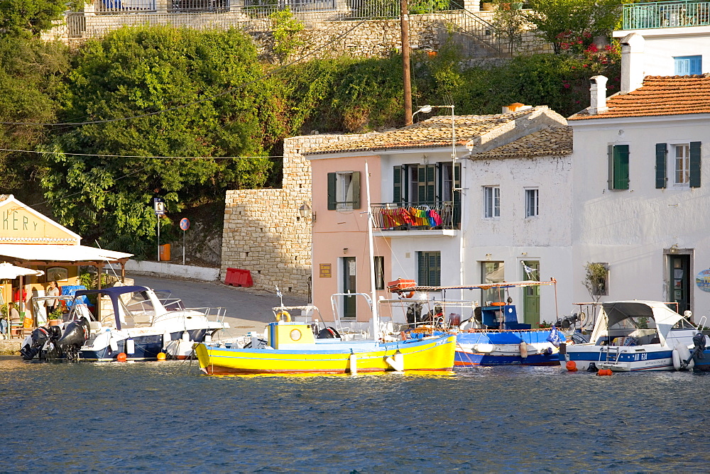 View across the colourful harbour, Loggos, Paxos, Paxi, Corfu, Ionian Islands, Greek Islands, Greece, Europe