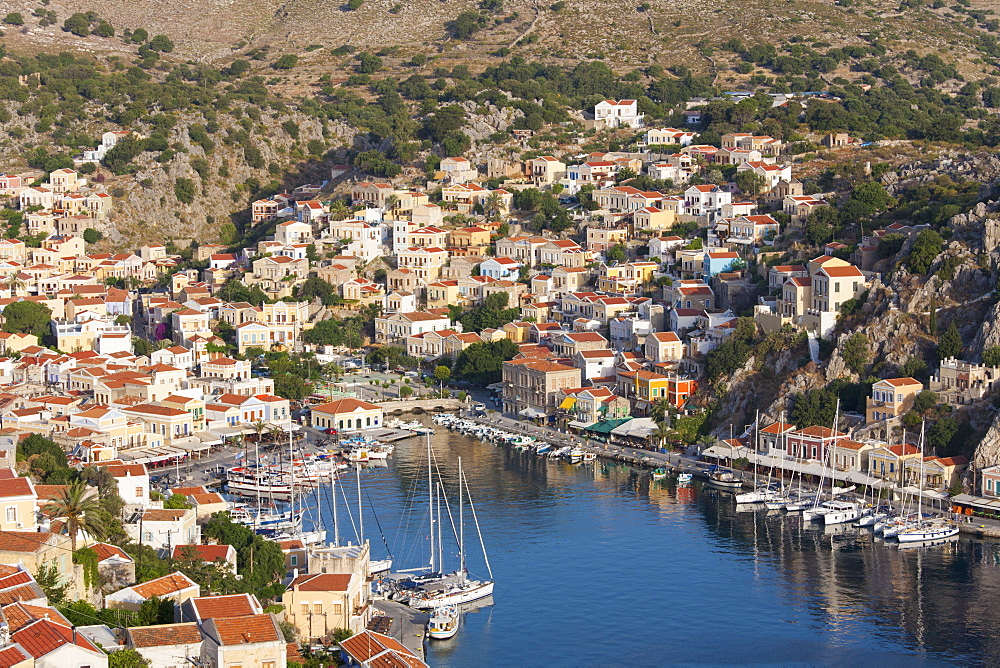 View over the colourful harbour, Gialos (Yialos), Symi (Simi), Rhodes, Dodecanese Islands, South Aegean, Greece, Europe