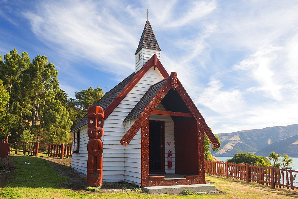 Historic Maori church on hillside above Akaroa Harbour, Onuku, near Akaroa, Banks Peninsula, Canterbury, South Island, New Zealand, Pacific