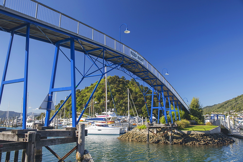 The Coathanger Bridge spanning the marina, Picton, Marlborough, South Island, New Zealand, Pacific