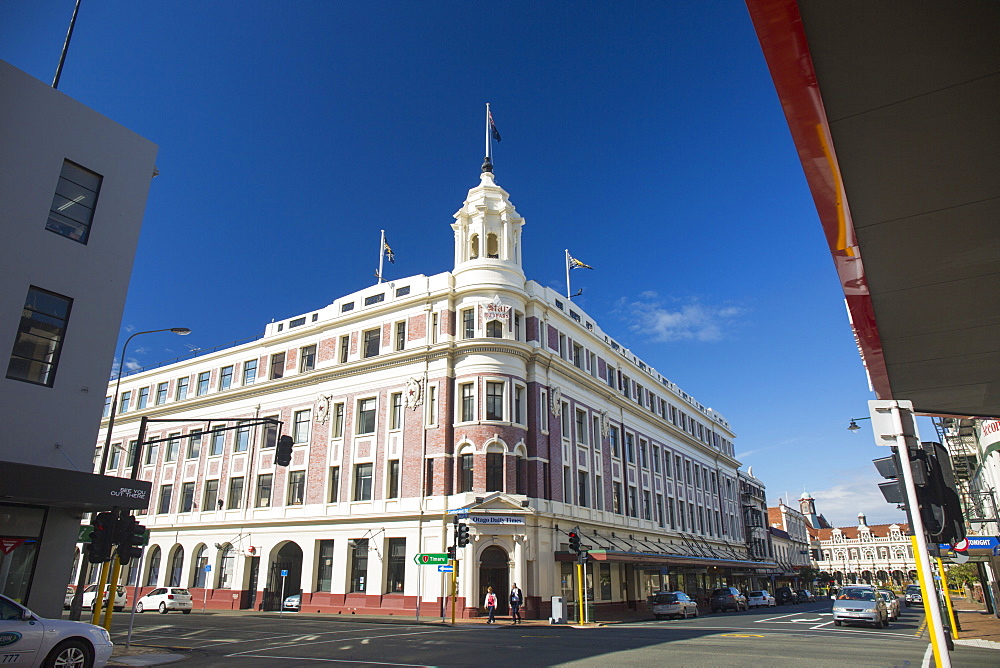 The historic Allied Press Building on the corner of Cumberland Street and Stuart Street, Dunedin, Otago, South Island, New Zealand, Pacific