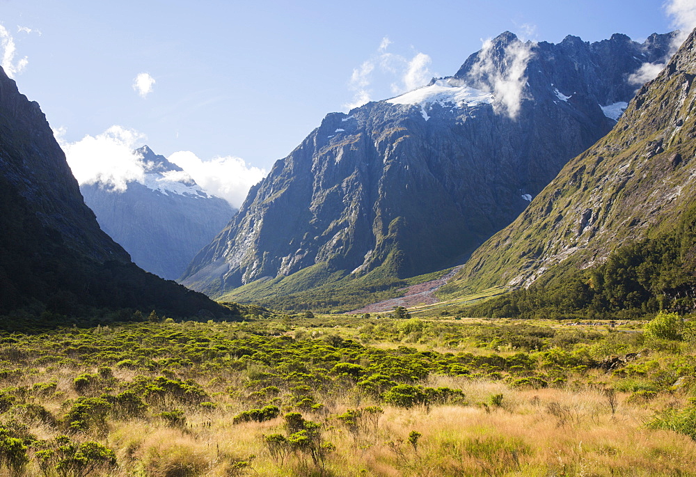 View along the Hollyford Valley to West Peak and Mount Talbot, Fiordland National Park, UNESCO World Heritage Site, Southland, South Island, New Zealand, Pacific