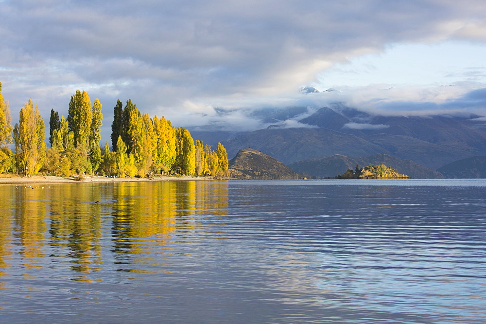 View across tranquil Lake Wanaka, autumn, Roys Bay, Wanaka, Queenstown-Lakes district, Otago, South Island, New Zealand, Pacific