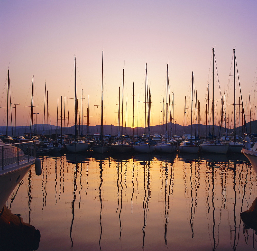 Sunset over the marina, St. Tropez, Cote d'Azur, Var, Provence, France, Europe